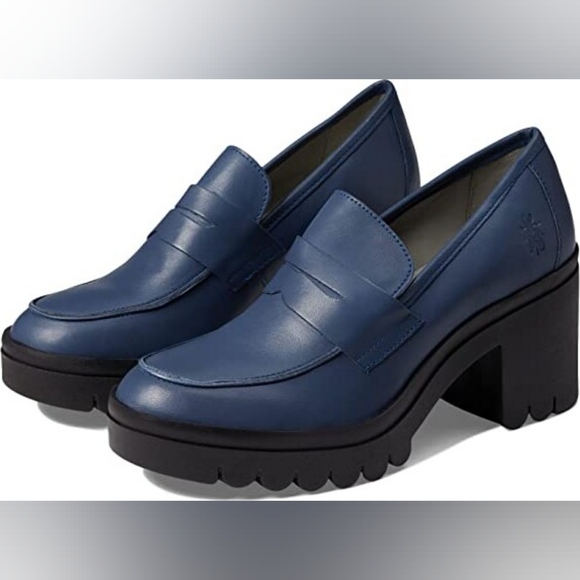 Fly London Tokyo 803 Lugged Sole Leather Loafer Heels Dublin Denim Sz 39 - Picture 2 of 11